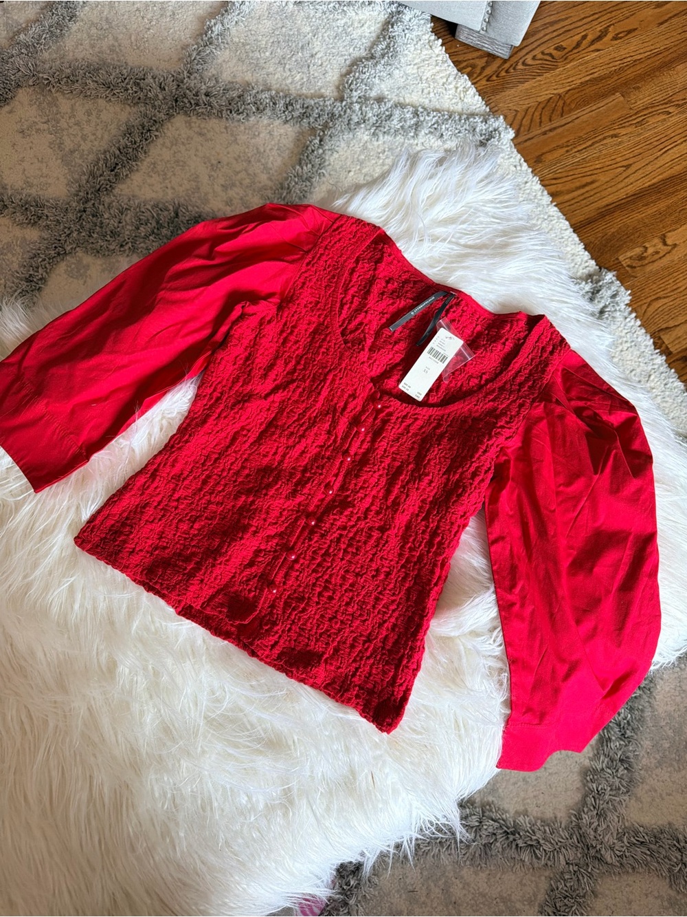 Anthropologie Vibrant Red Puff-Sleeve Textured Blouse